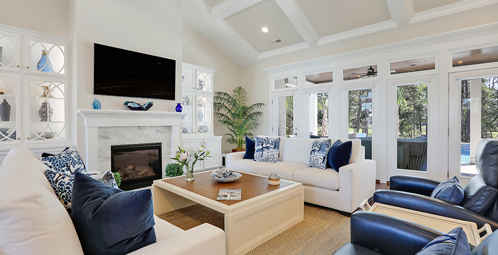 Blue accents in living room with fireplace