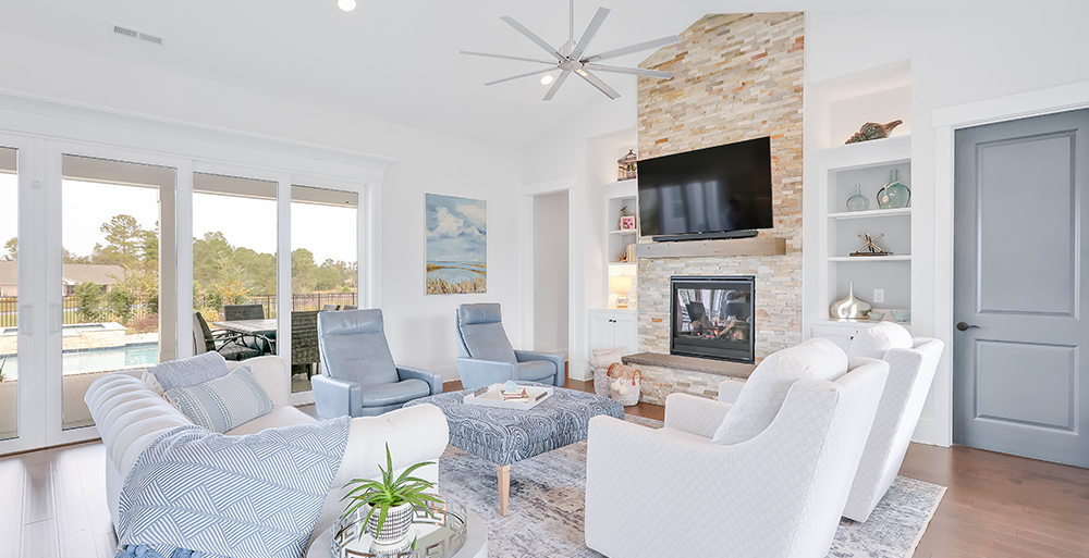 Coastal-inspired living room with fireplace